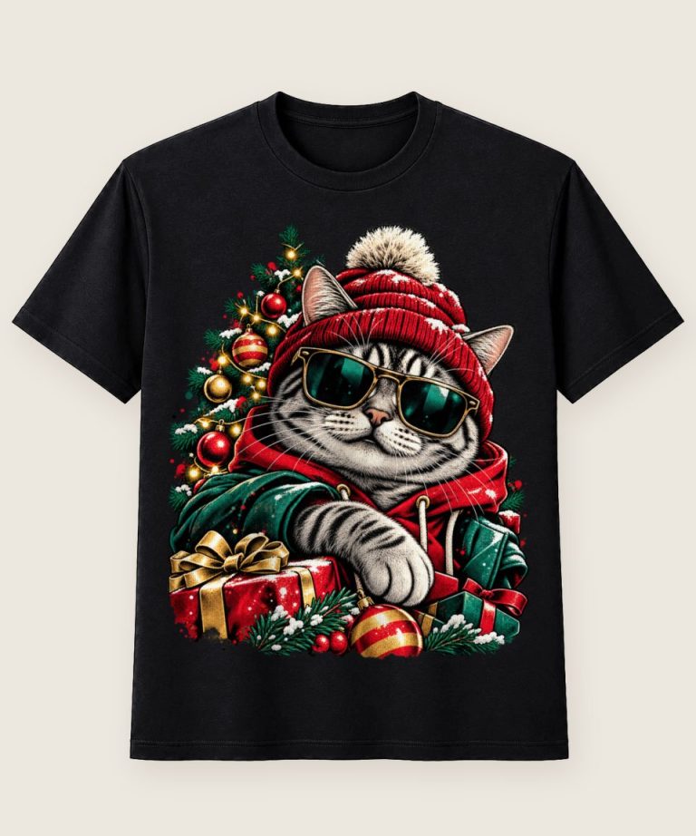 T-Shirt mit Motiv „Coole Weihnachtskatze mit Sonnenbrille“ – Weihnachts-T-Shirts