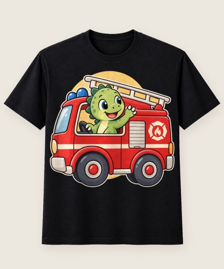 T-Shirt mit Motiv „Dino im Einsatzwagen für Kinder“ – Kinder-T-Shirts