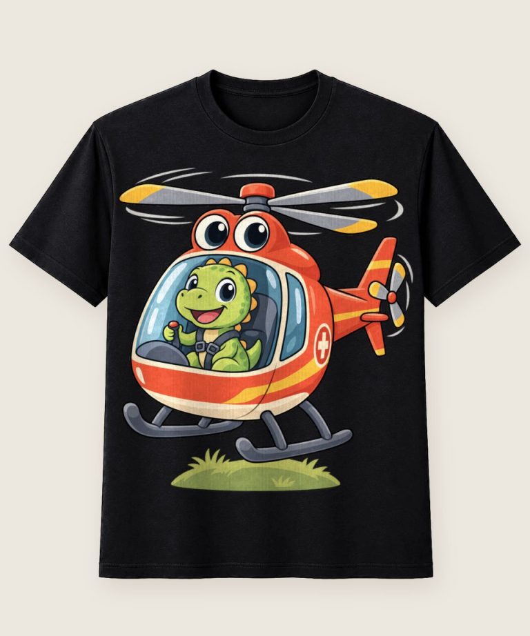 T-Shirt mit Motiv „Dino im Rettungshubschrauber Pilot Kinder“ – Kinder-T-Shirts