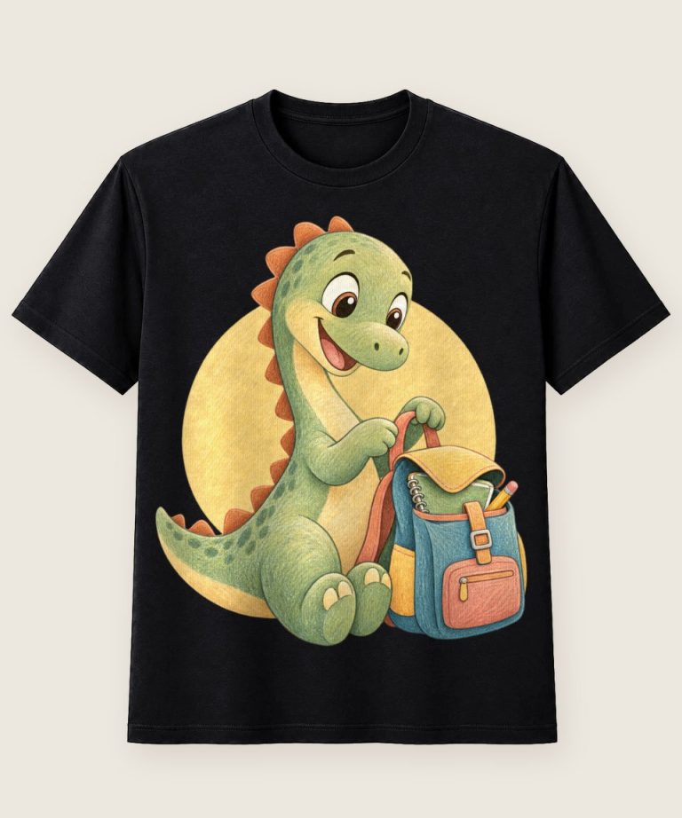 T-Shirt mit Motiv „Dino mit Schulutensilien Kinder“ – Kinder-T-Shirts
