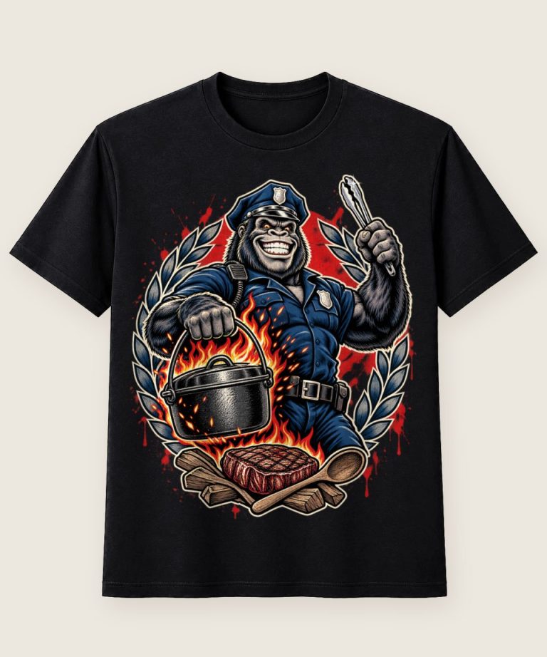 T-Shirt mit Motiv „Dutch-Oven-Lagerfeuer Gorilla-Polizist“ – Hobby & Freizeit T-Shirts