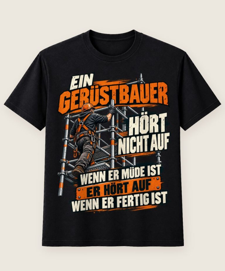 T-Shirt mit Motiv „Ein Gerüstbauer hört auf, wenn er fertig ist“ – Gerüstbauer T-Shirts