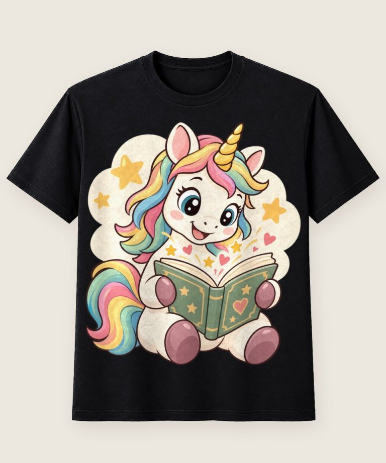 T-Shirt mit Motiv „Einhorn liest Märchenbuch Kinder“ – Kinder-T-Shirts