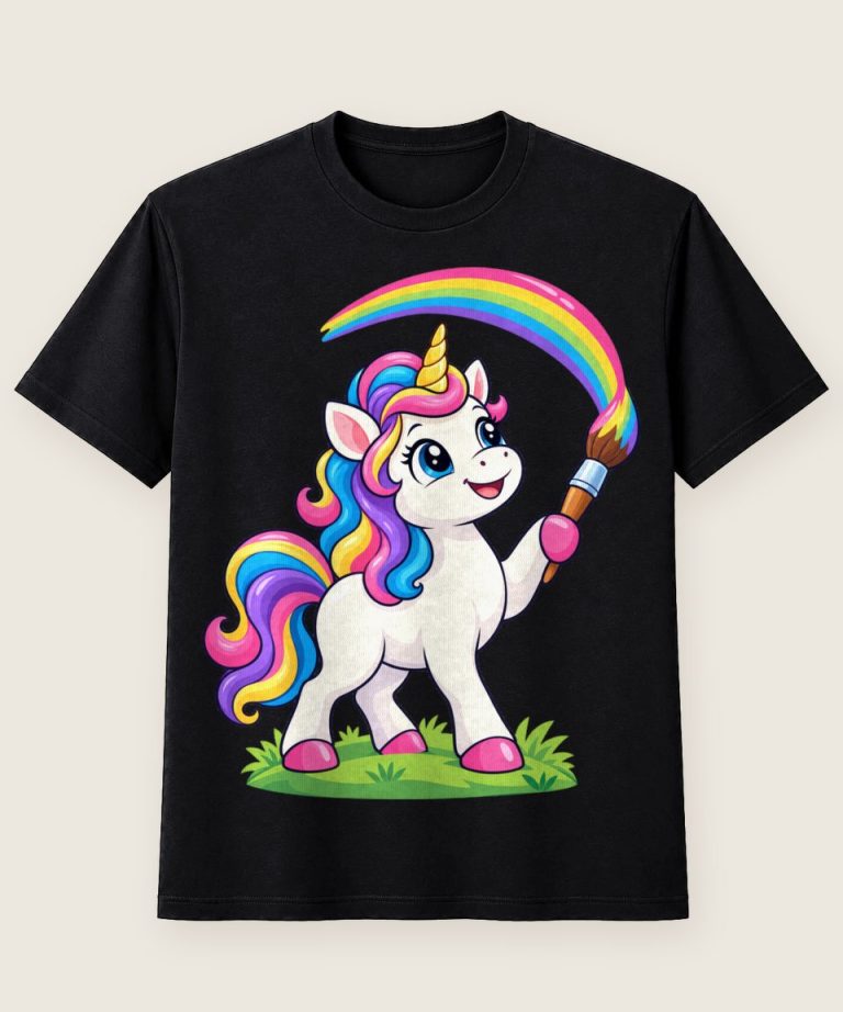 T-Shirt mit Motiv „Einhorn malt Regenbogen Malspaß Kinder“ – Kinder-T-Shirts