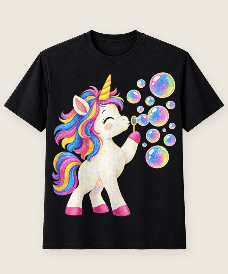 T-Shirt mit Motiv „Einhorn pustet Seifenblasen Kinder“ – Kinder-T-Shirts