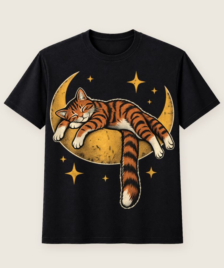 T-Shirt mit Motiv „Entspannte Katze ausgestreckt auf einer Sichel aus Mondlicht“ – Hobby & Freizeit T-Shirts