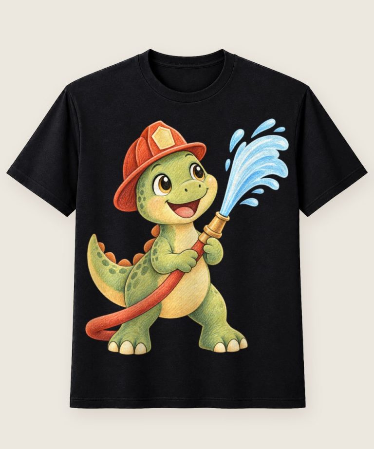 T-Shirt mit Motiv „Feuerwehr-Dino Kinder“ – Kinder-T-Shirts