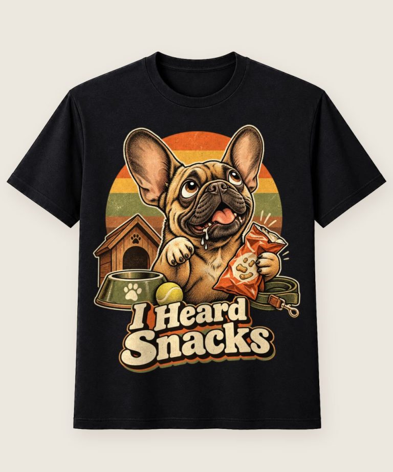 T-Shirt mit Motiv „French-Bulldog I Heard Snacks Retro-Sonne“ – Hobby & Freizeit T-Shirts