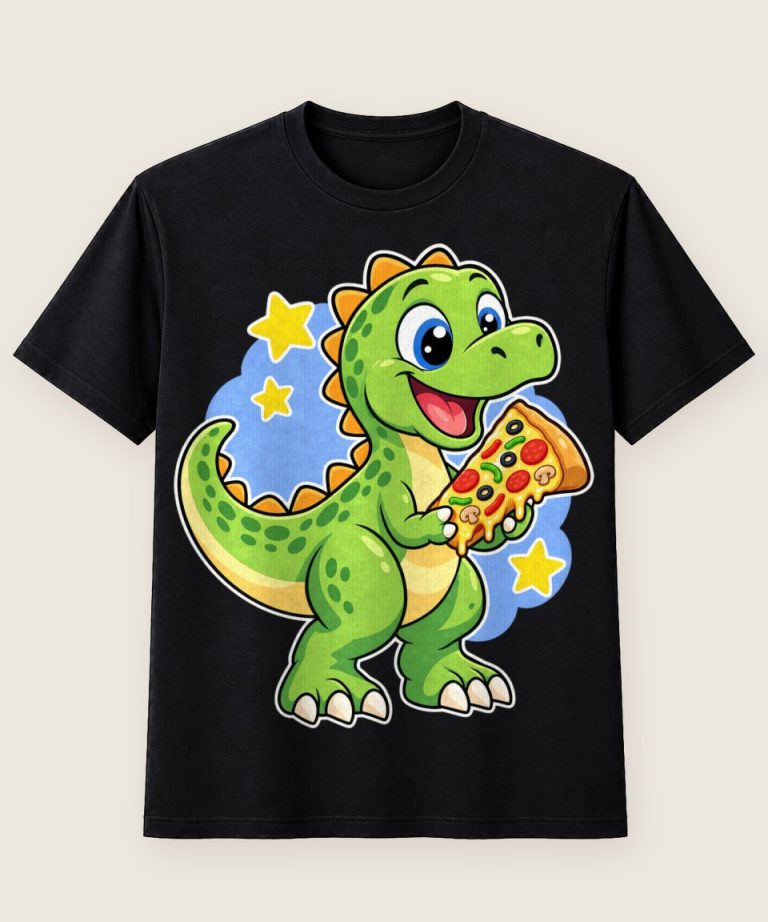 T-Shirt mit Motiv „Freundlicher T Rex mit Pizza Stück für Kinder“ – Kinder-T-Shirts