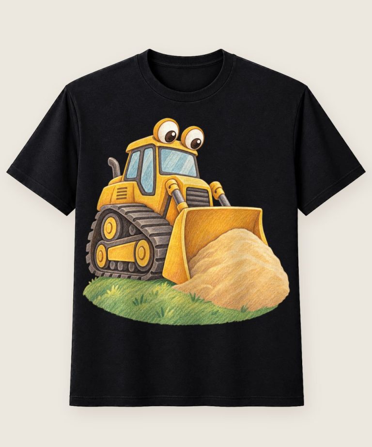 T-Shirt mit Motiv „Fröhlicher Bulldozer schiebt Sand Kinder“ – Kinder-T-Shirts