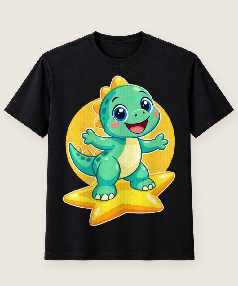 T-Shirt mit Motiv „Fröhlicher Dino auf Stern surft für Kinder“ – Kinder-T-Shirts