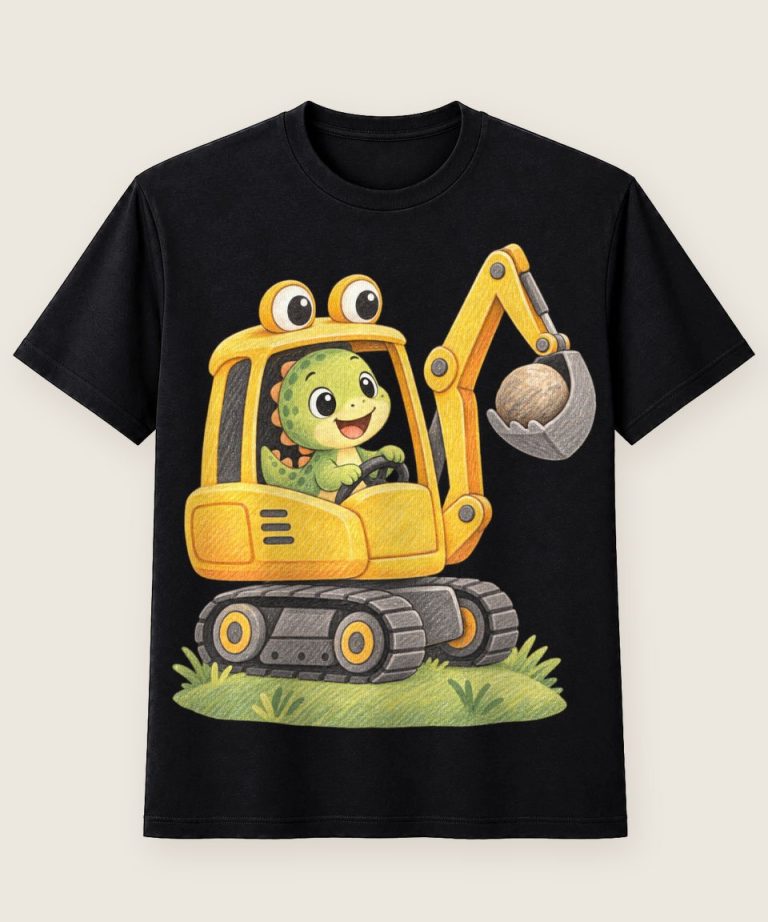 T-Shirt mit Motiv „Fröhlicher Dino im Bagger Dino Digger King“ – Kinder-T-Shirts