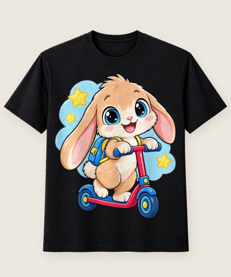 T-Shirt mit Motiv „Fröhlicher Roller-Hase im Kinder-Comicstil“ – Kinder-T-Shirts