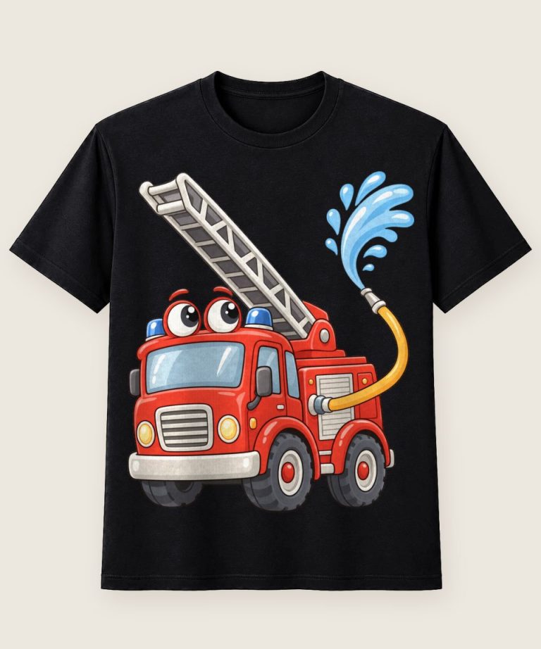 T-Shirt mit Motiv „Fröhliches Feuerwehrauto Kinder“ – Kinder-T-Shirts