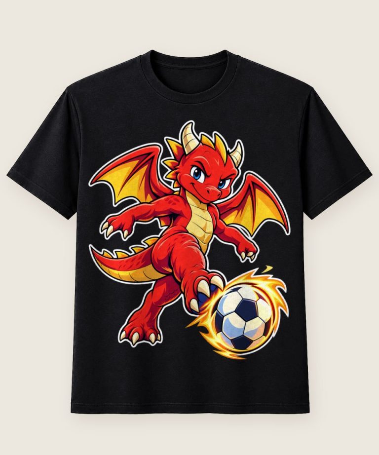 T-Shirt mit Motiv „Fußball-Drache Tor Comic Kinderfigur“ – Kinder-T-Shirts