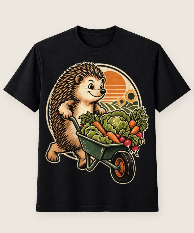T-Shirt mit Motiv „Gärtner Igel mit Gemüse-Schubkarre“ – Hobby & Freizeit T-Shirts