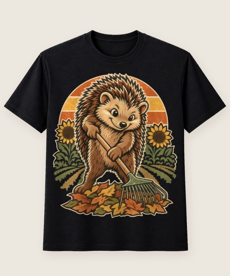 T-Shirt mit Motiv „Gärtnern mit Igel und Laubrechen“ – Hobby & Freizeit T-Shirts