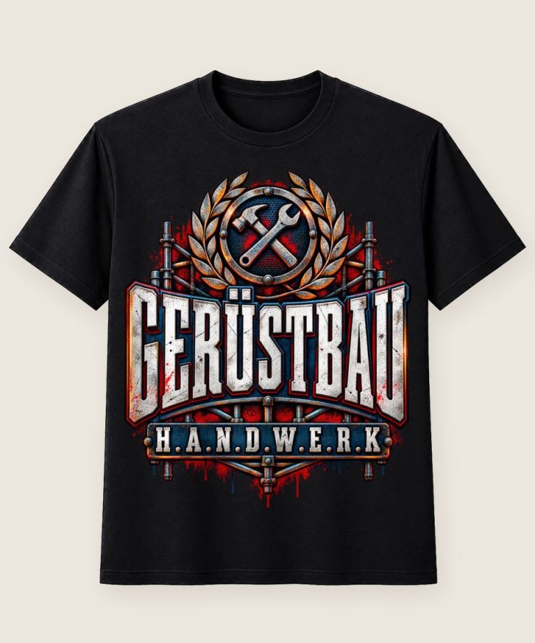 T-Shirt mit Motiv „Gerüstbau mit Werkzeugen und Lorbeerkranz“ – Gerüstbauer T-Shirts
