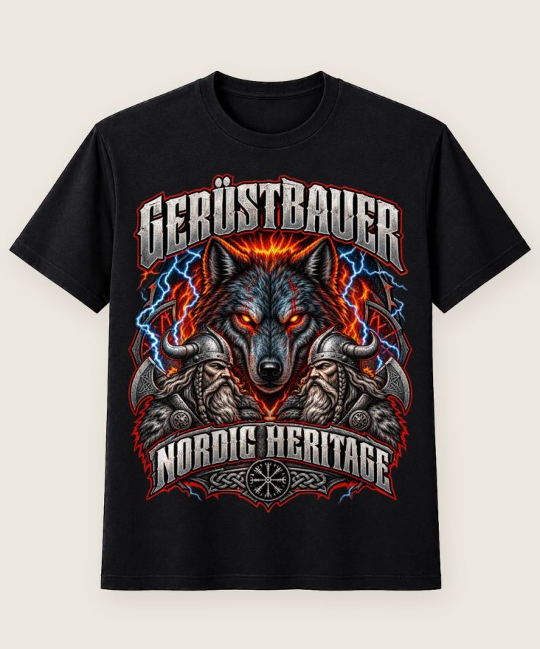 T-Shirt mit Motiv „Gerüstbauer Nordic Heritage - Wolf mit Rune“ – Gerüstbauer T-Shirts