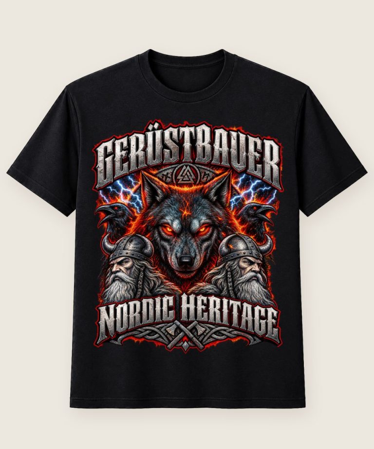 T-Shirt mit Motiv „Gerüstbauer Nordic Heritage - Wolf und Raben“ – Gerüstbauer T-Shirts