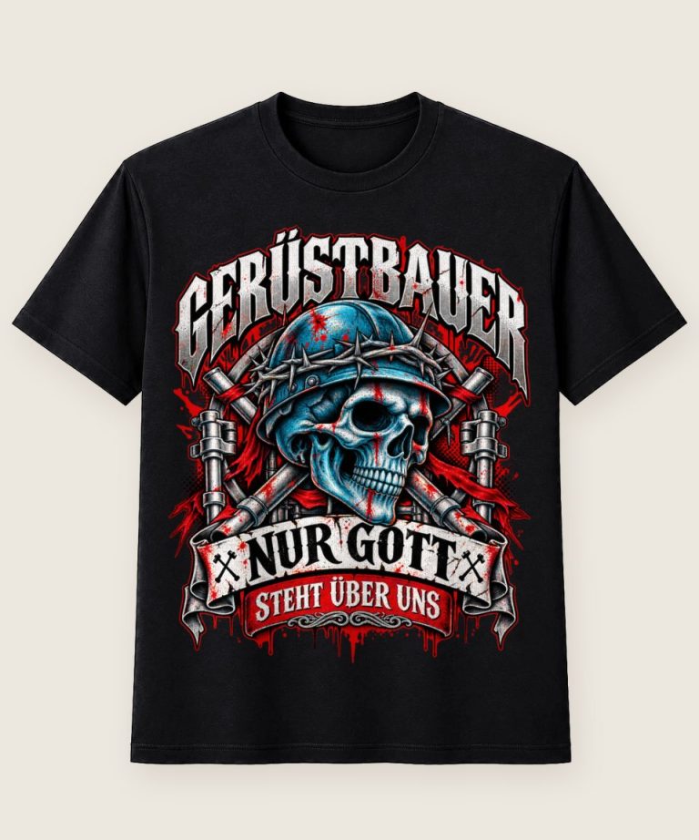 T-Shirt mit Motiv „Gerüstbauer Nur Gott steht über uns - Blauer Helm“ – Gerüstbauer T-Shirts
