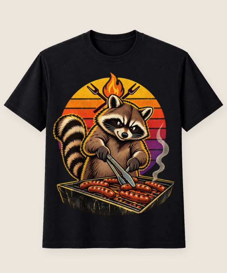 T-Shirt mit Motiv „Grillen mit Würstchen-Waschbär“ – Hobby & Freizeit T-Shirts