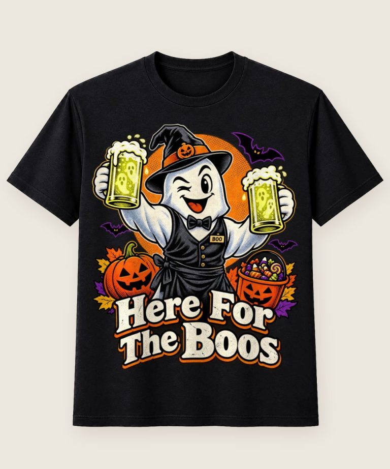 T-Shirt mit Motiv „Halloween Barkeeper Geist Here For The Boos“ – Halloween T-Shirts
