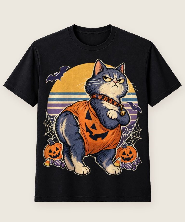 T-Shirt mit Motiv „Halloween bockige Katze im Kürbis“ – Halloween T-Shirts