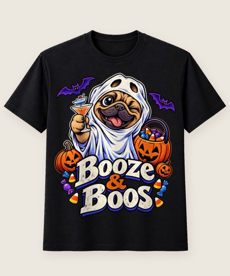 T-Shirt mit Motiv „Halloween Booze & Boos Mops Kreuzfahrt Cocktail Party“ – Halloween T-Shirts