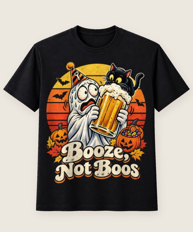T-Shirt mit Motiv „Halloween Booze Not Boos Geist mit Schaumkrug“ – Halloween T-Shirts