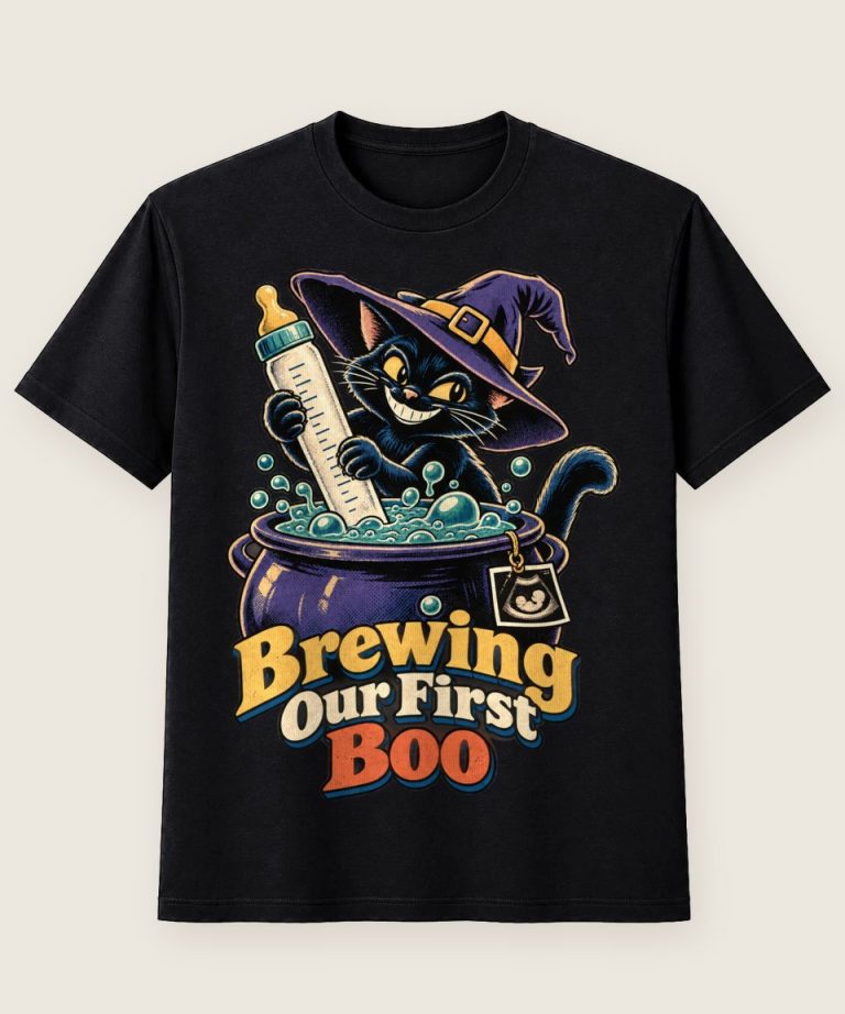 T-Shirt mit Motiv „Halloween Brewing Our First Boo werdender Vater Katze“ – Halloween T-Shirts