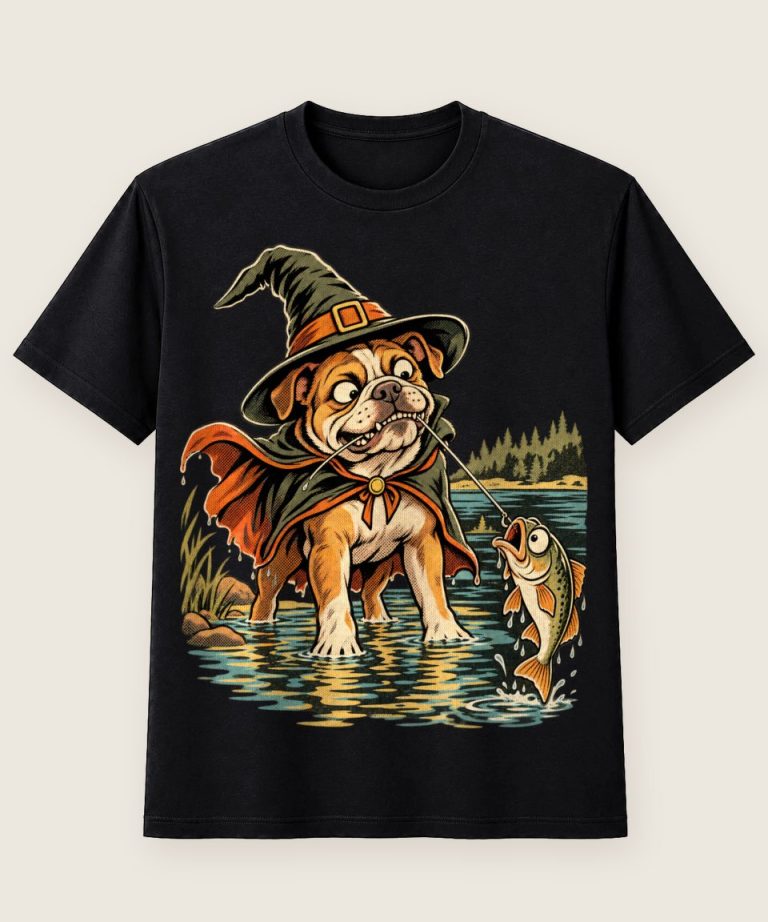 T-Shirt mit Motiv „Halloween Bulldogge Hexenhut Angelhund für Angler“ – Halloween T-Shirts