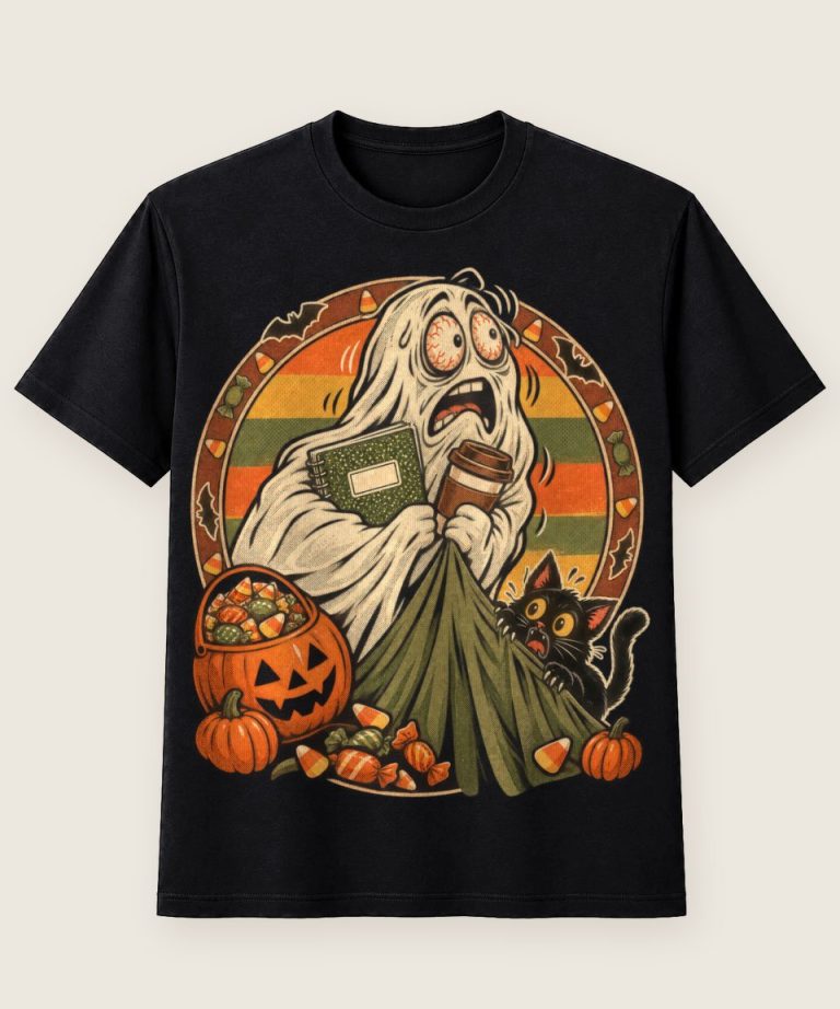 T-Shirt mit Motiv „Halloween Campus-Geist mit Kaffee-Stress“ – Halloween T-Shirts
