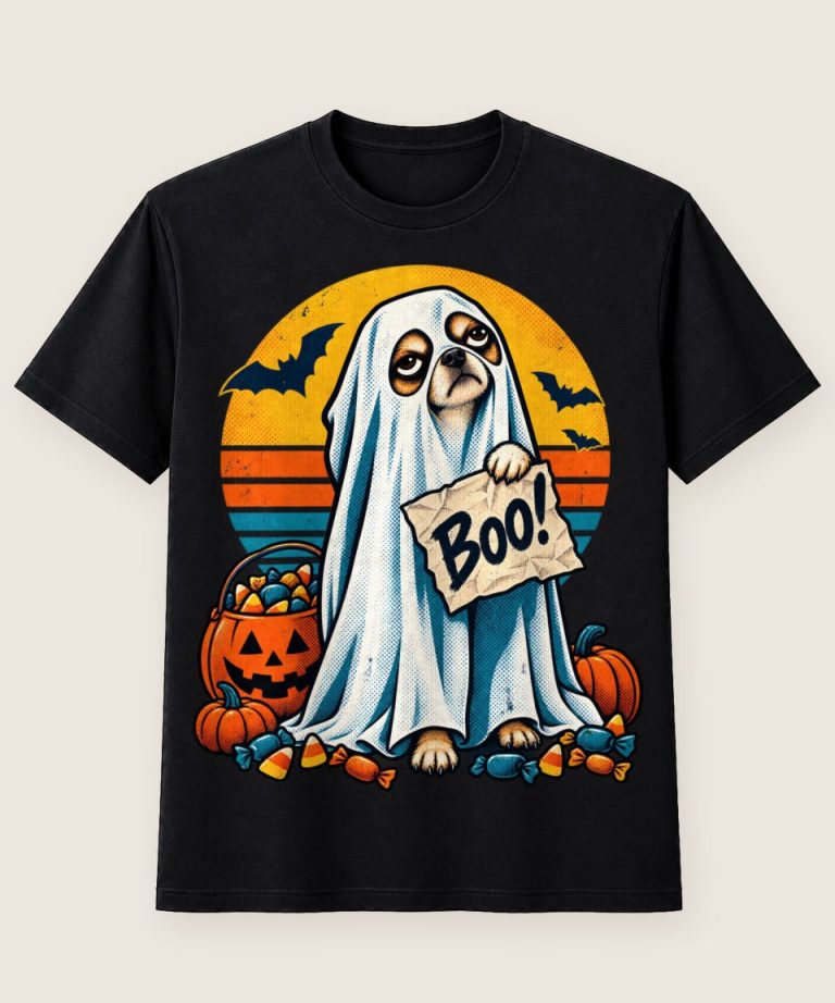 T-Shirt mit Motiv „Halloween Chihuahua Geist vor Retro-Sonne“ – Halloween T-Shirts