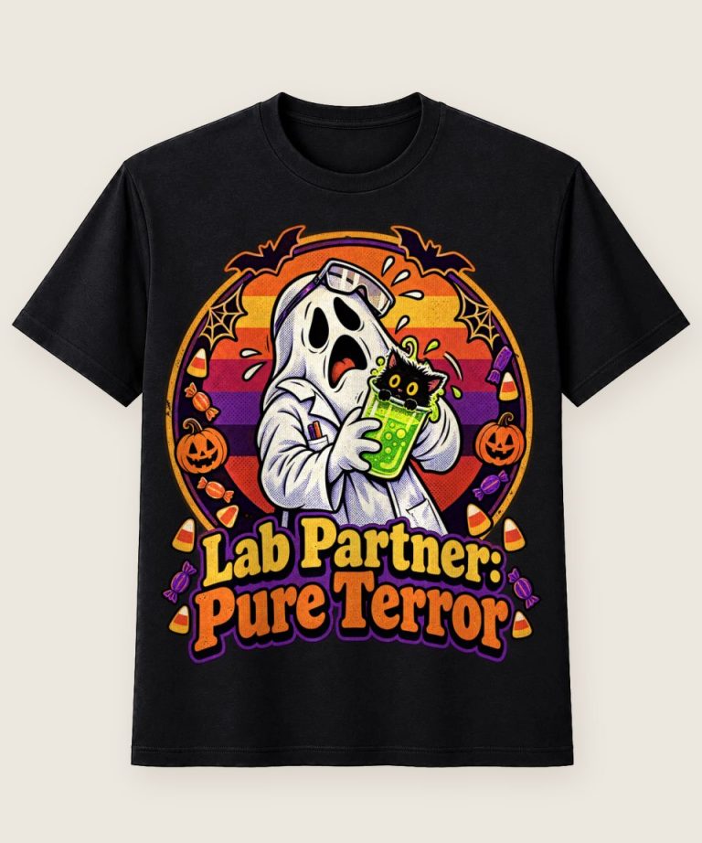 T-Shirt mit Motiv „Halloween-College-Geist als Laborpartner“ – Halloween T-Shirts