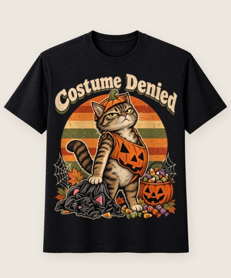 T-Shirt mit Motiv „Halloween Costume Denied Katze Retro-Sonne“ – Halloween T-Shirts