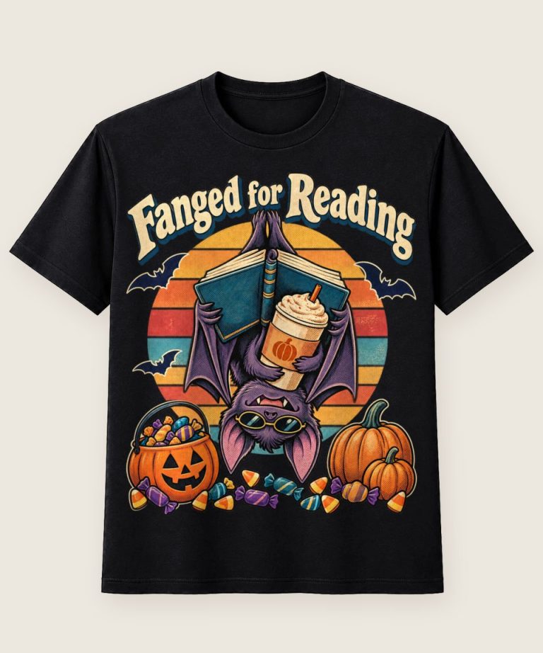 T-Shirt mit Motiv „Halloween-Fledermaus Fanged For Reading Retro“ – Halloween T-Shirts