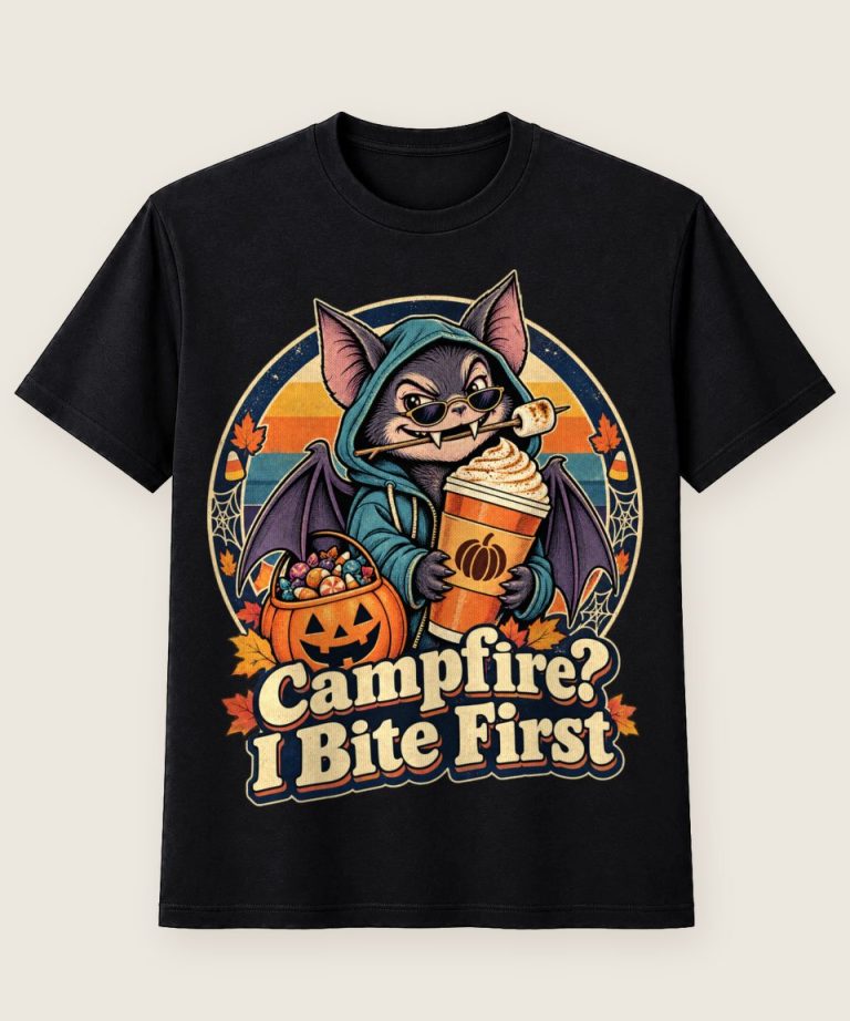 T-Shirt mit Motiv „Halloween Fledermaus Lagerfeuer Campfire I Bite First“ – Halloween T-Shirts