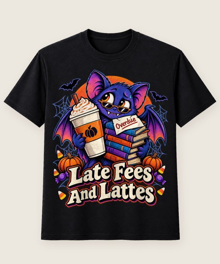 T-Shirt mit Motiv „Halloween-Fledermaus Late Fees And Lattes“ – Halloween T-Shirts