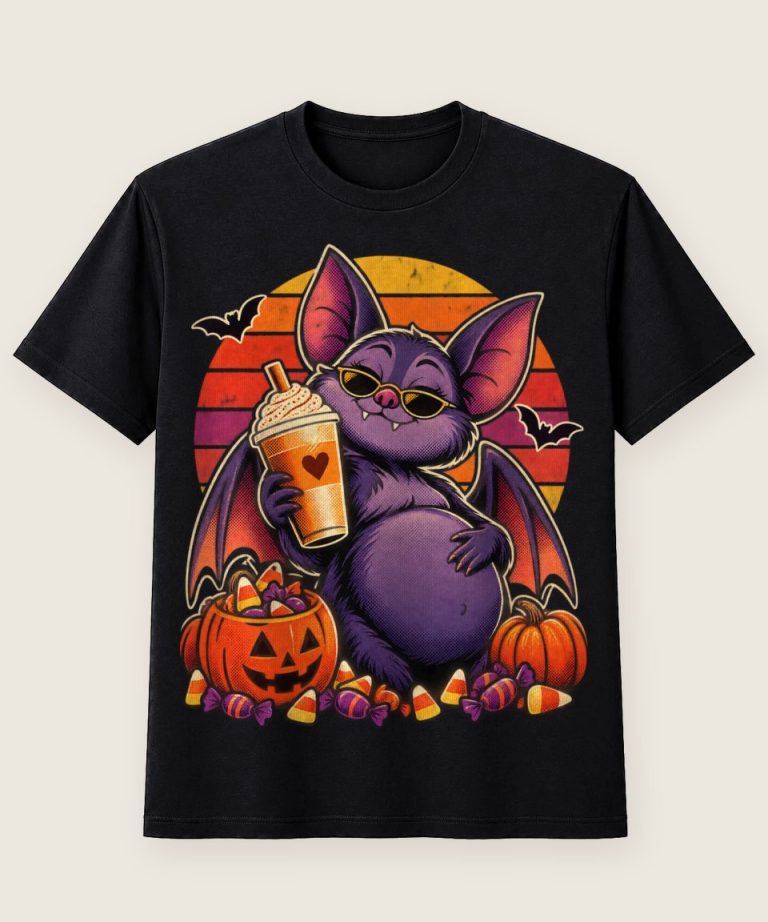 T-Shirt mit Motiv „Halloween Fledermaus Mama mit Pumpkin Latte“ – Halloween T-Shirts