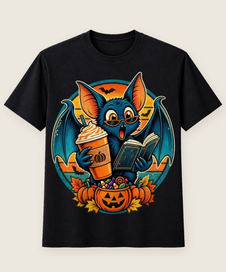 T-Shirt mit Motiv „Halloween-Fledermaus mit Pumpkin-Spice-Latte“ – Halloween T-Shirts