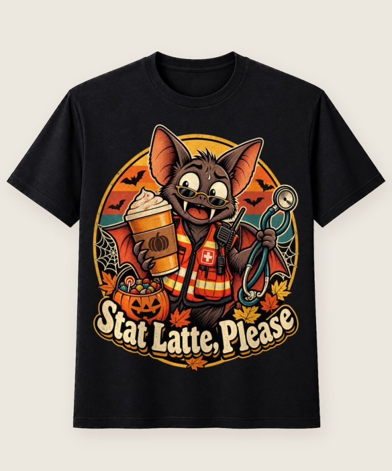 T-Shirt mit Motiv „Halloween Fledermaus Notarzt Stat Latte Please Koffein“ – Halloween T-Shirts