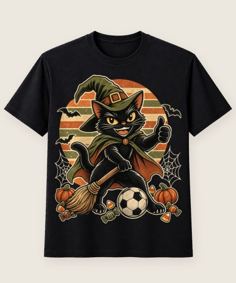 T-Shirt mit Motiv „Halloween Fußball-Hexenkatze Retro Comic“ – Halloween T-Shirts