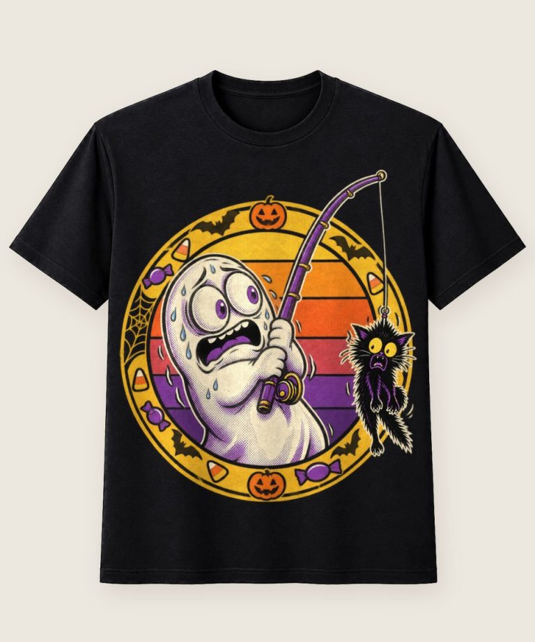 T-Shirt mit Motiv „Halloween-Geist angelt fauchende Minikatze“ – Halloween T-Shirts