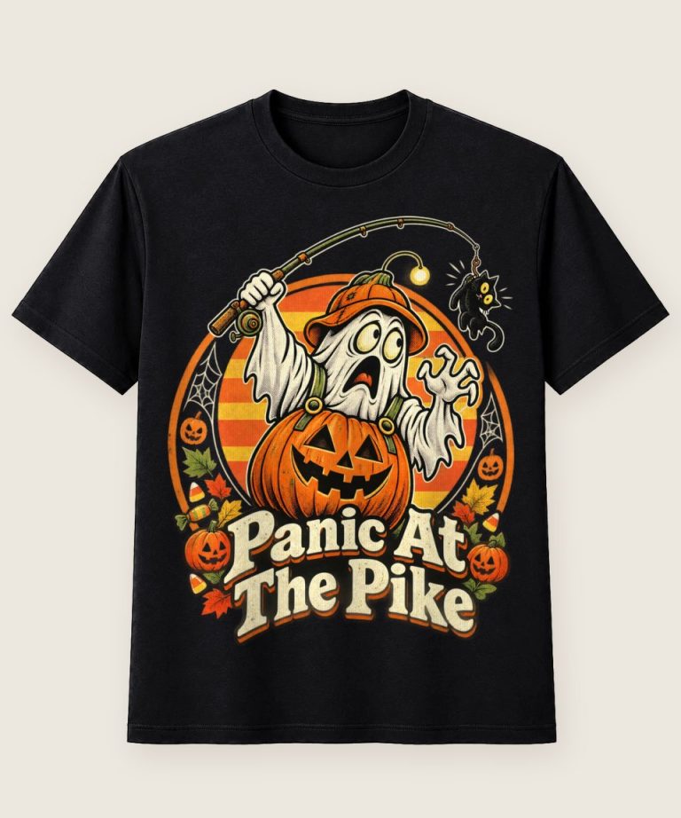 T-Shirt mit Motiv „Halloween-Geist beim Spinnangeln Panic At The Pike“ – Halloween T-Shirts