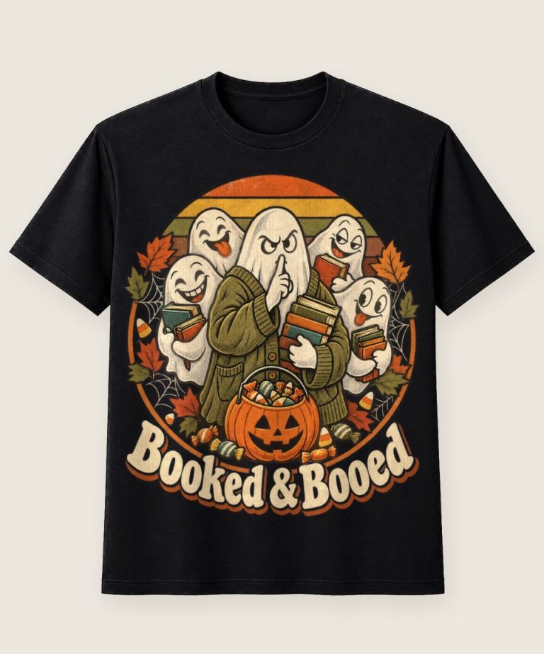 T-Shirt mit Motiv „Halloween Geist Booked & Booed Leser“ – Halloween T-Shirts