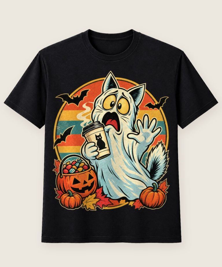 T-Shirt mit Motiv „Halloween Geist Kaffee Retro Katzenohren“ – Halloween T-Shirts