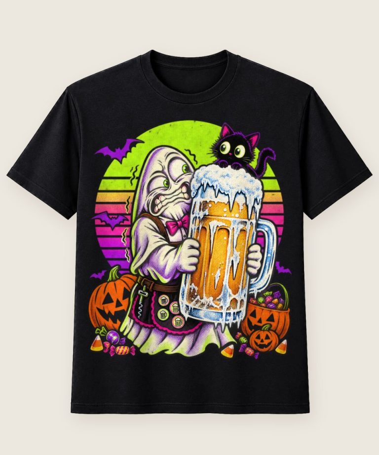 T-Shirt mit Motiv „Halloween Geist mit eisigem Bierkrug Frosty Vibes“ – Halloween T-Shirts
