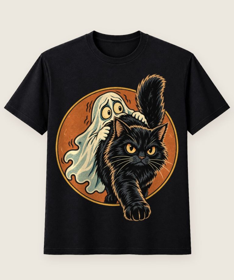 T-Shirt mit Motiv „Halloween Geist mit mutiger schwarzer Fellnase“ – Halloween T-Shirts
