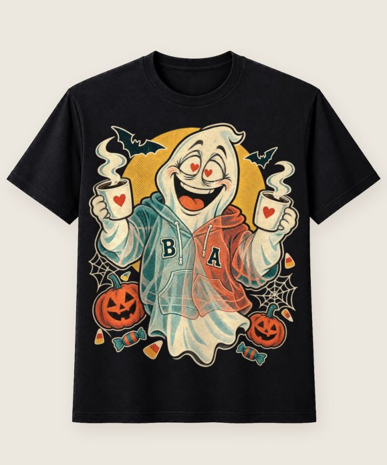 T-Shirt mit Motiv „Halloween Geist Paar mit Kaffee“ – Halloween T-Shirts